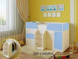 Кровать-чердак Малыш-4 Дуб молочный/Голубой в Солнечном - solnechnyj.katalogmebeli.com | фото